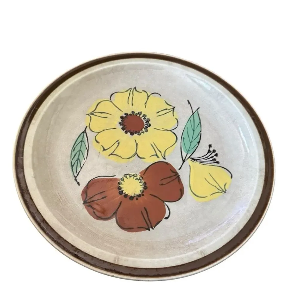 Vintage Hand Painted Stoneware Dinner Plate (3) Floral Design Retro‎ Kitchenware